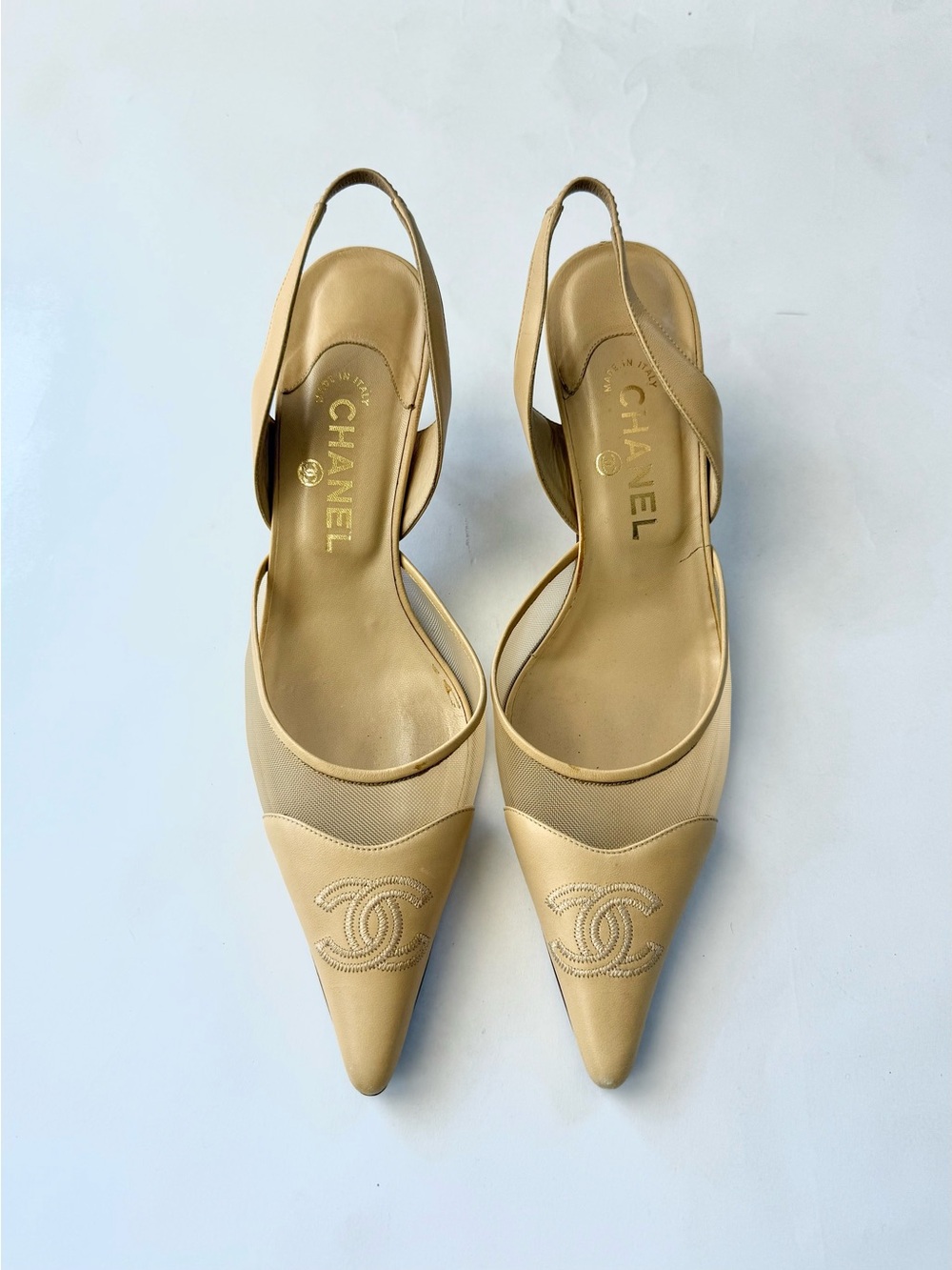 Chanel Beige Tan Mesh CC Slingback Heels